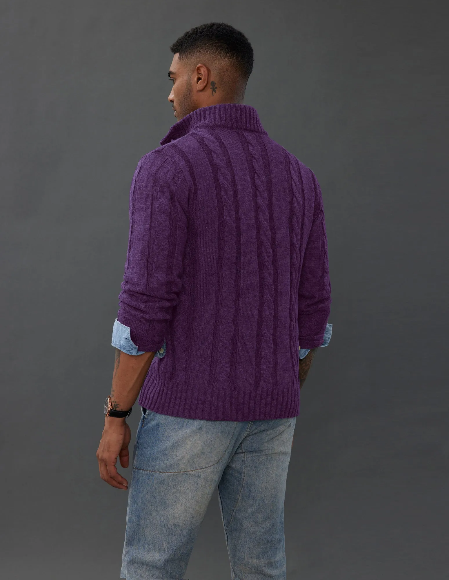 Men's Cardigan with Button Closure, Cable Knit Cardigan with Ribbed Stand-Up Collar for Autumn Winter