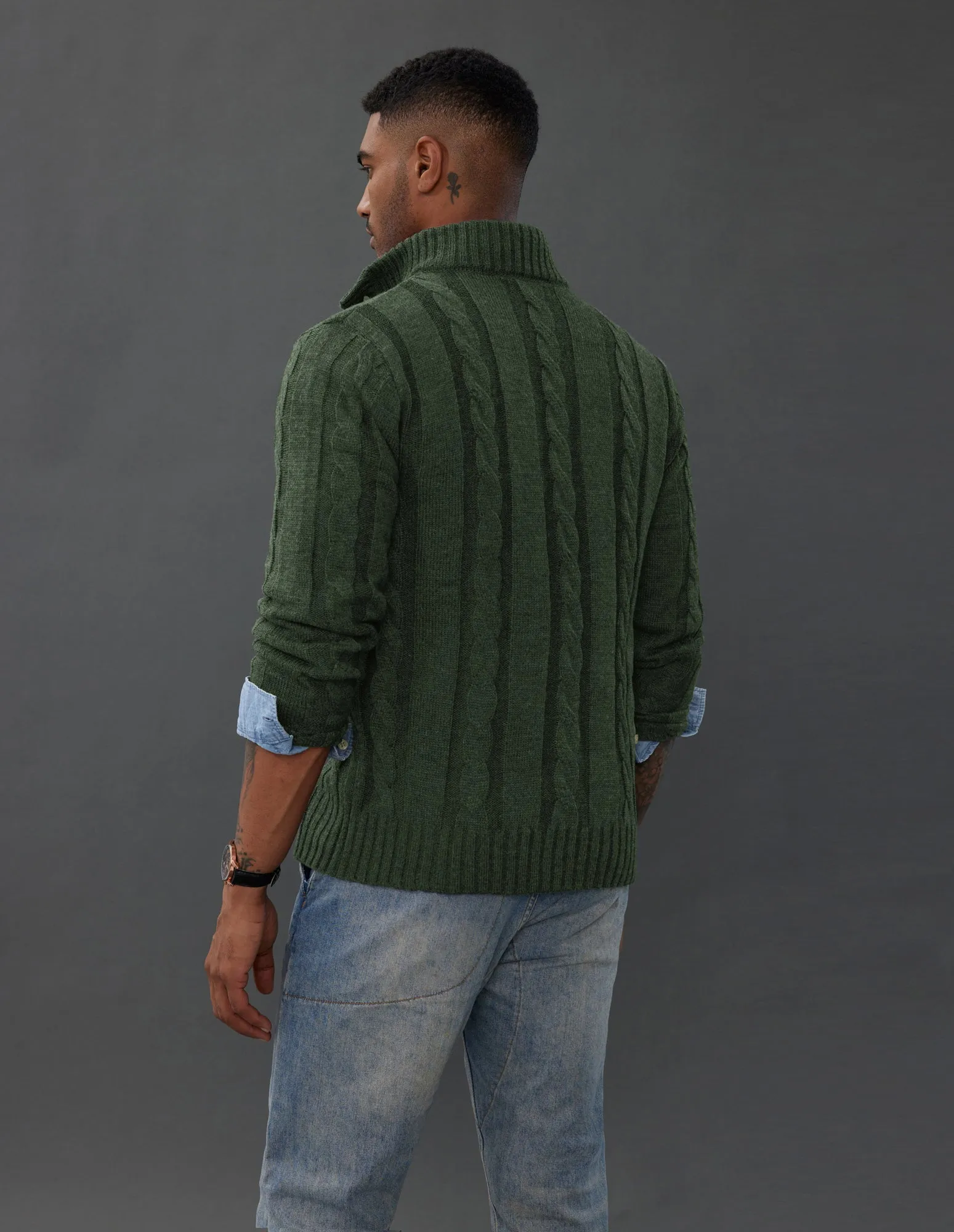 Men's Cardigan with Button Closure, Cable Knit Cardigan with Ribbed Stand-Up Collar for Autumn Winter