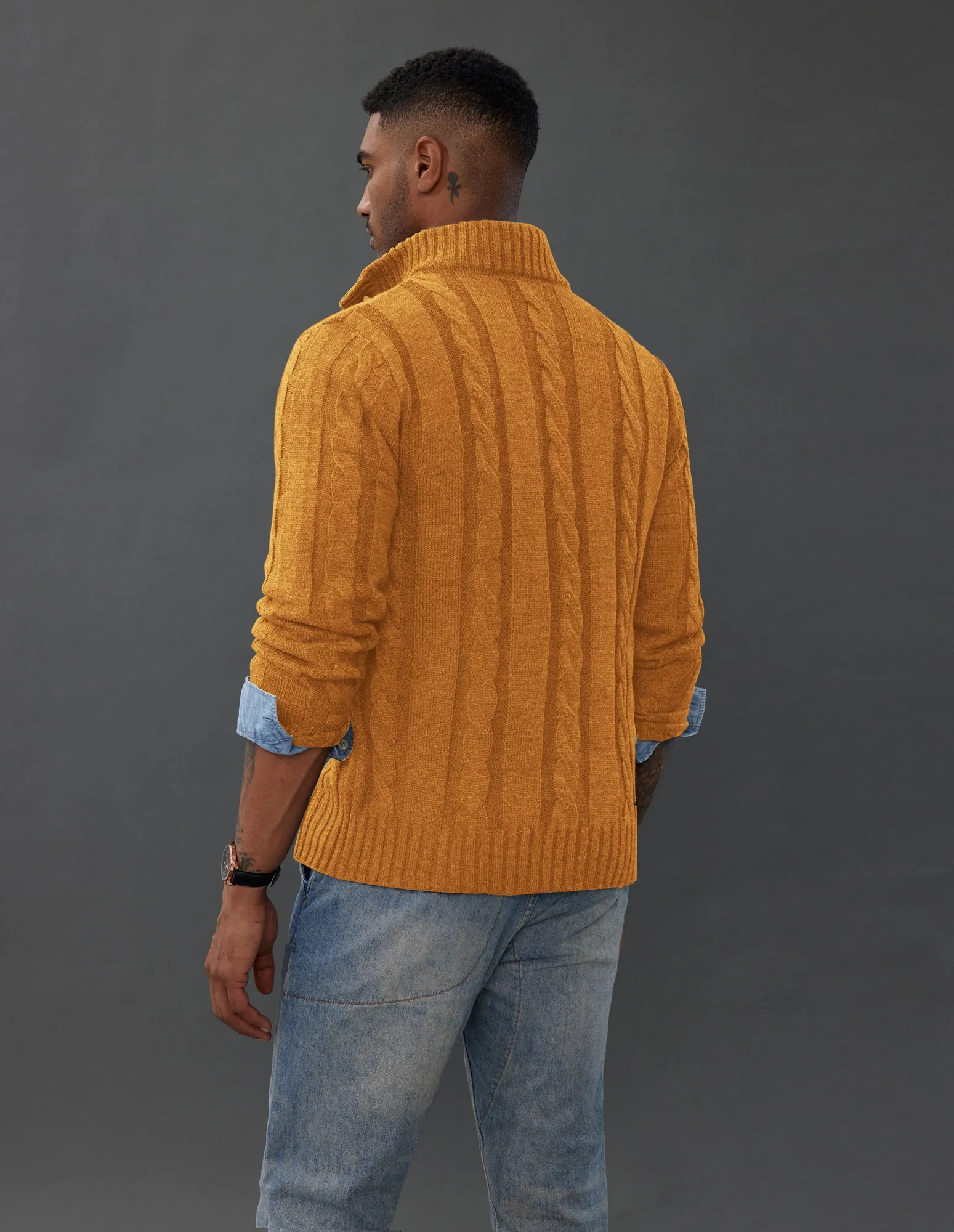 Men's Cardigan with Button Closure, Cable Knit Cardigan with Ribbed Stand-Up Collar for Autumn Winter