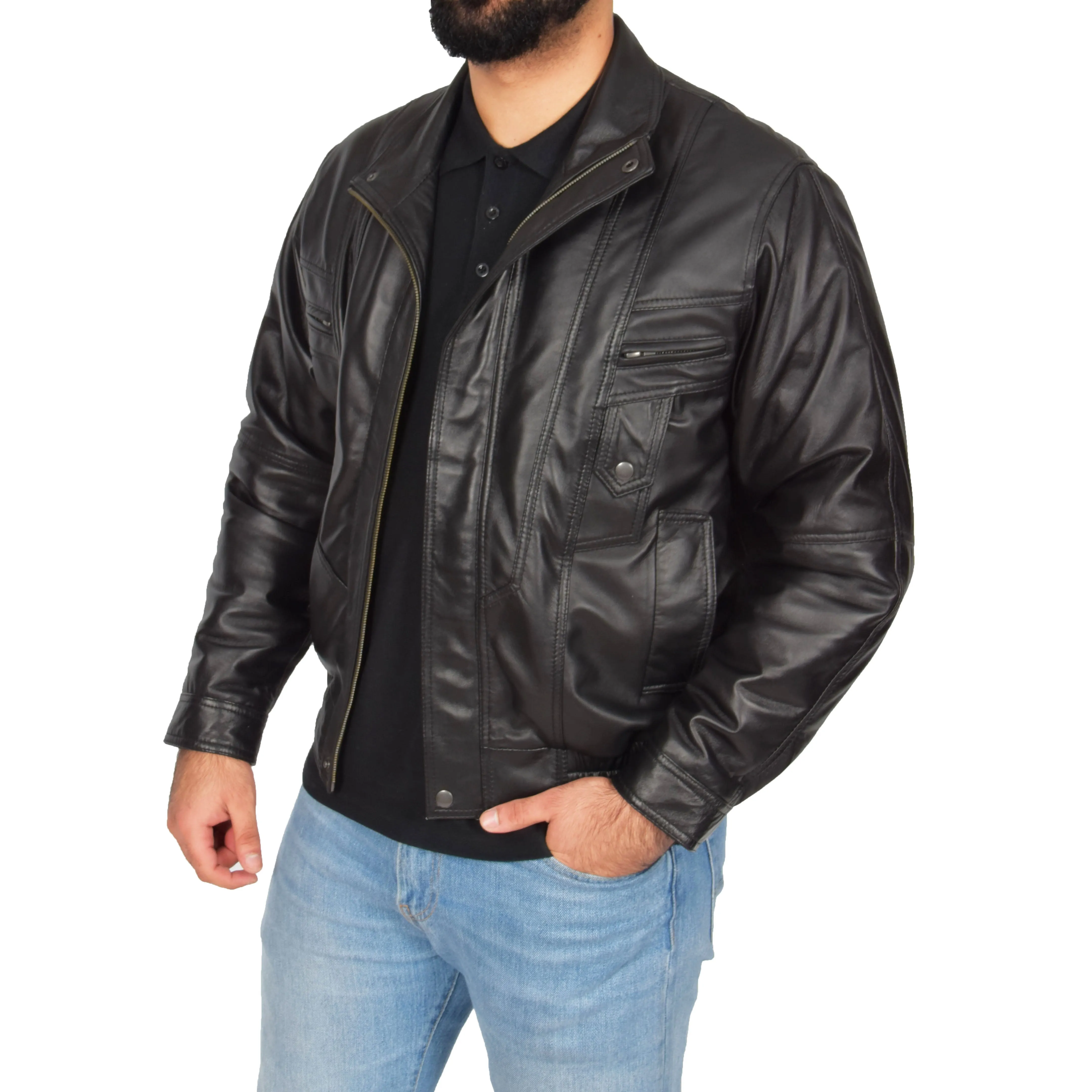 Mens Classic Bomber Soft Leather Jacket Alan Black