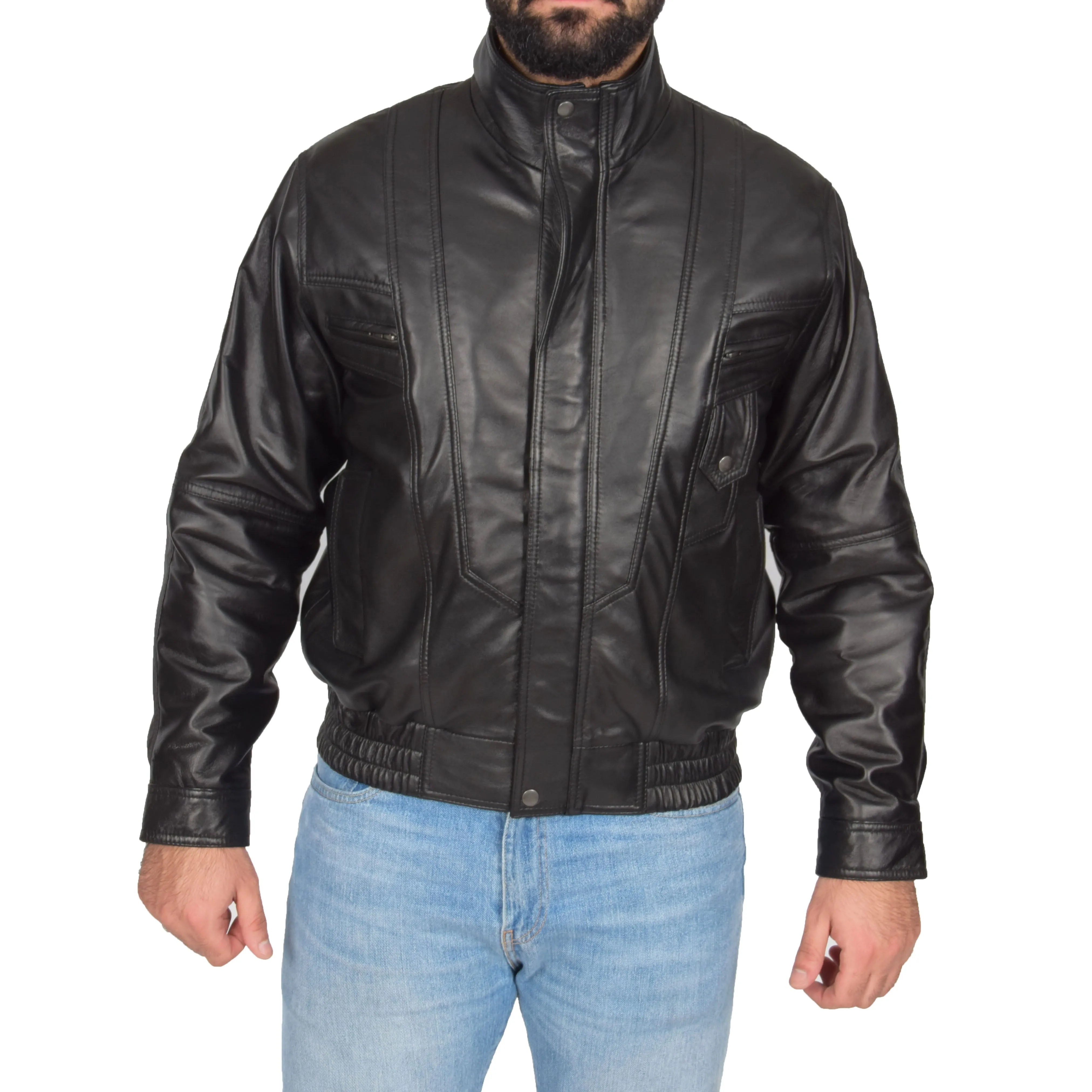 Mens Classic Bomber Soft Leather Jacket Alan Black