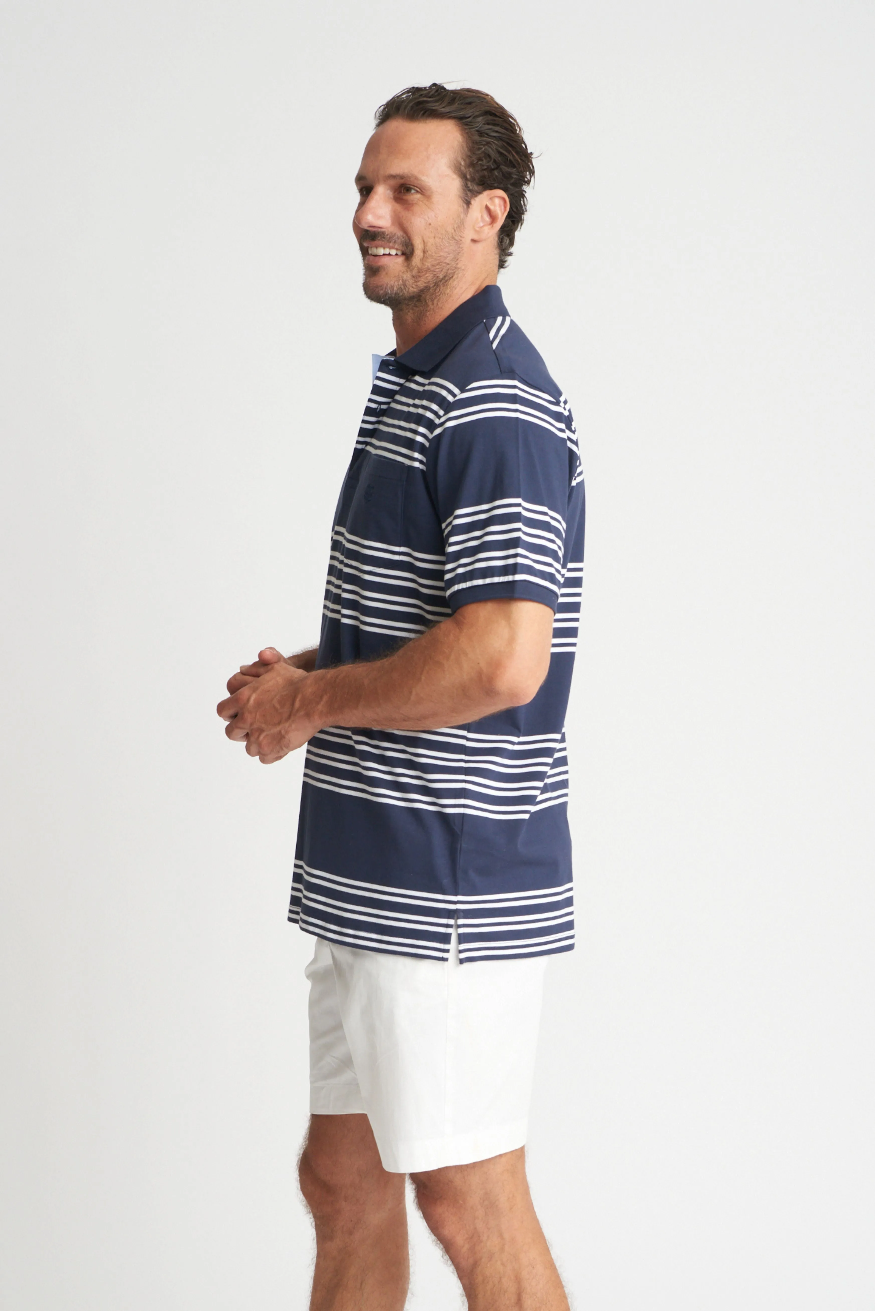 Mens Cotton Stripe Polo Navy/White