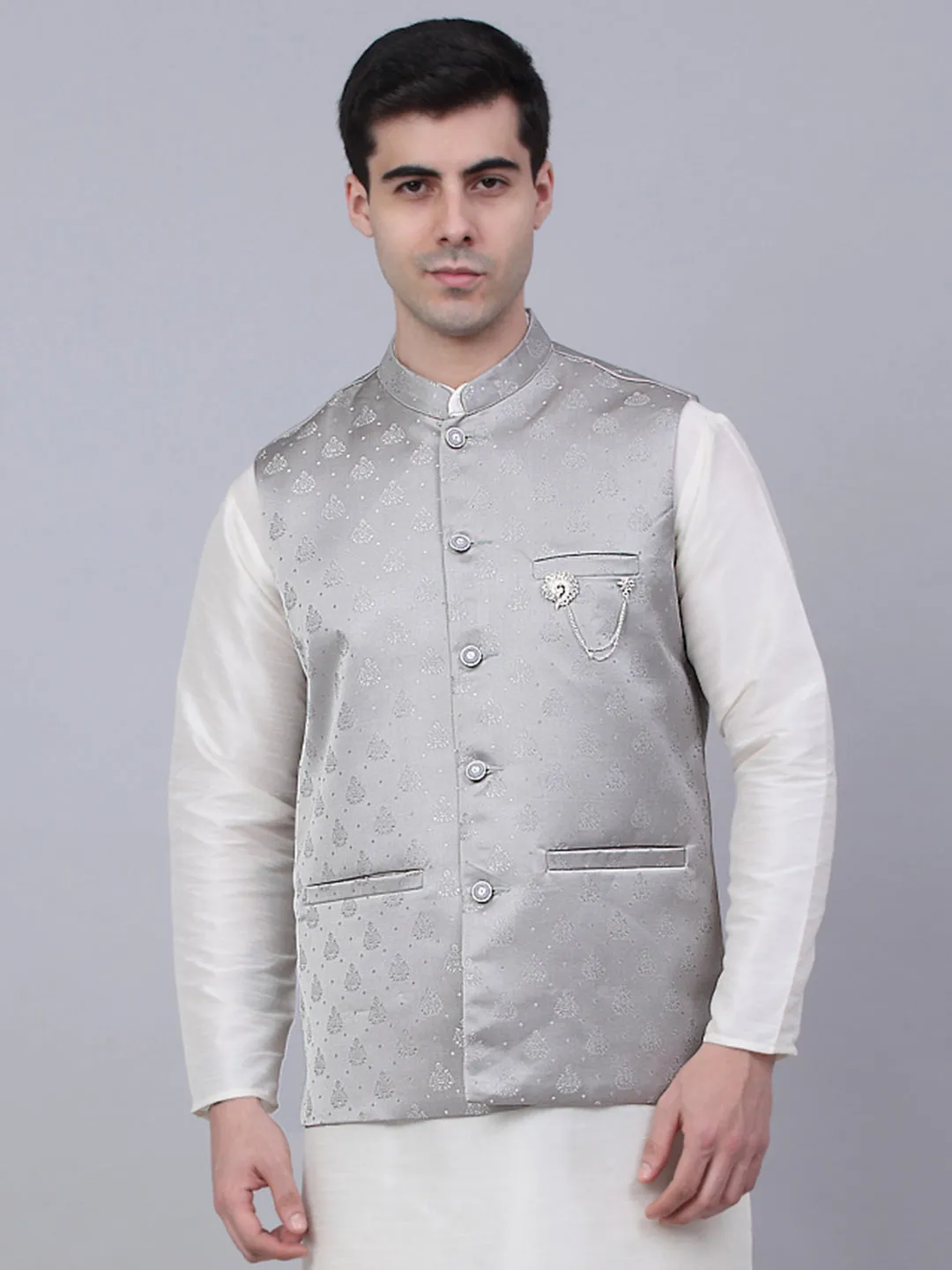 Men'S Grey Woven Design Waistcoats