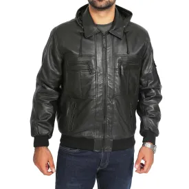 Mens Hooded Bomber Leather Jacket Seth Black