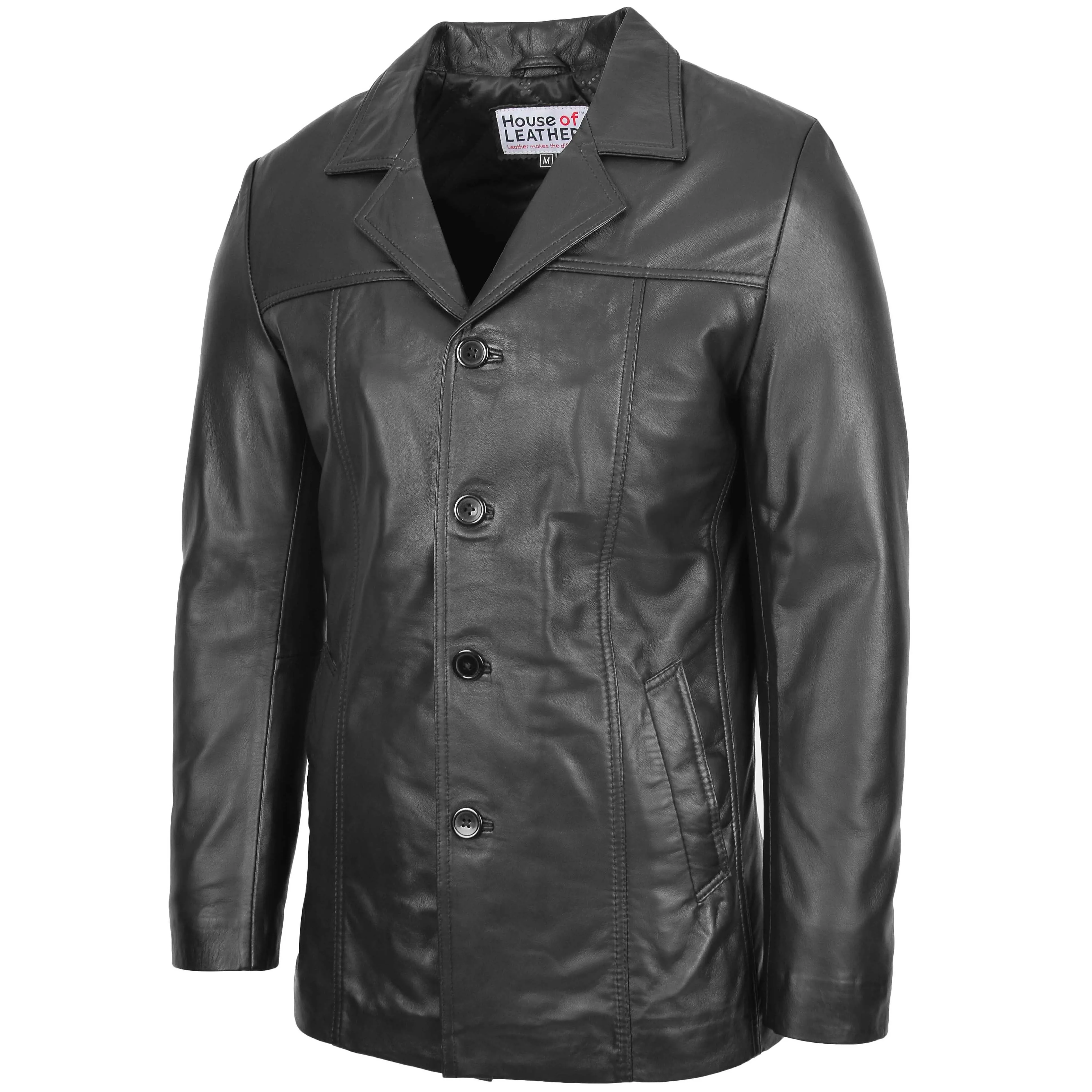 Mens Leather Classic Reefer Jacket Thrill Black