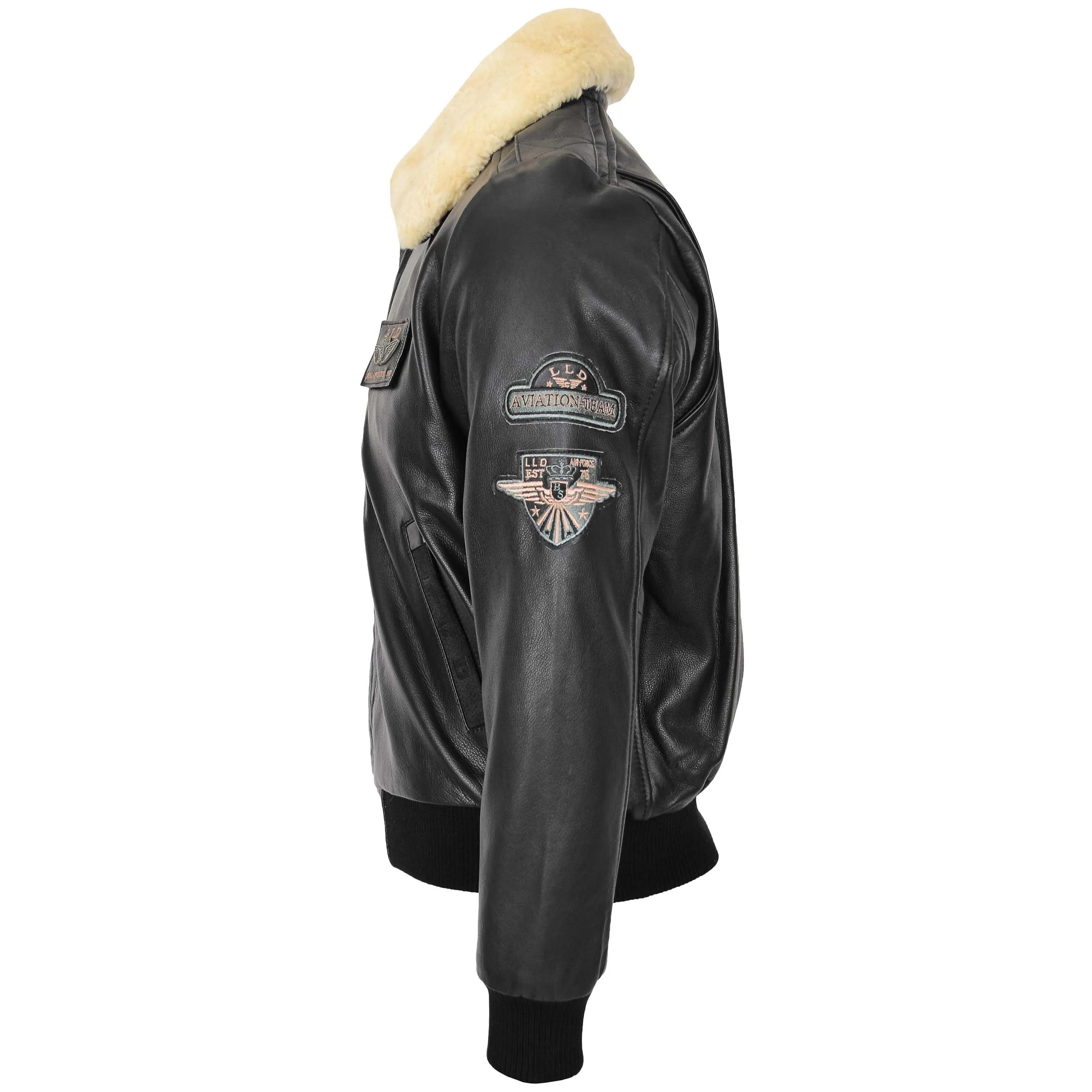 Mens Leather Jacket with Detachable Collar Pilot-N Black