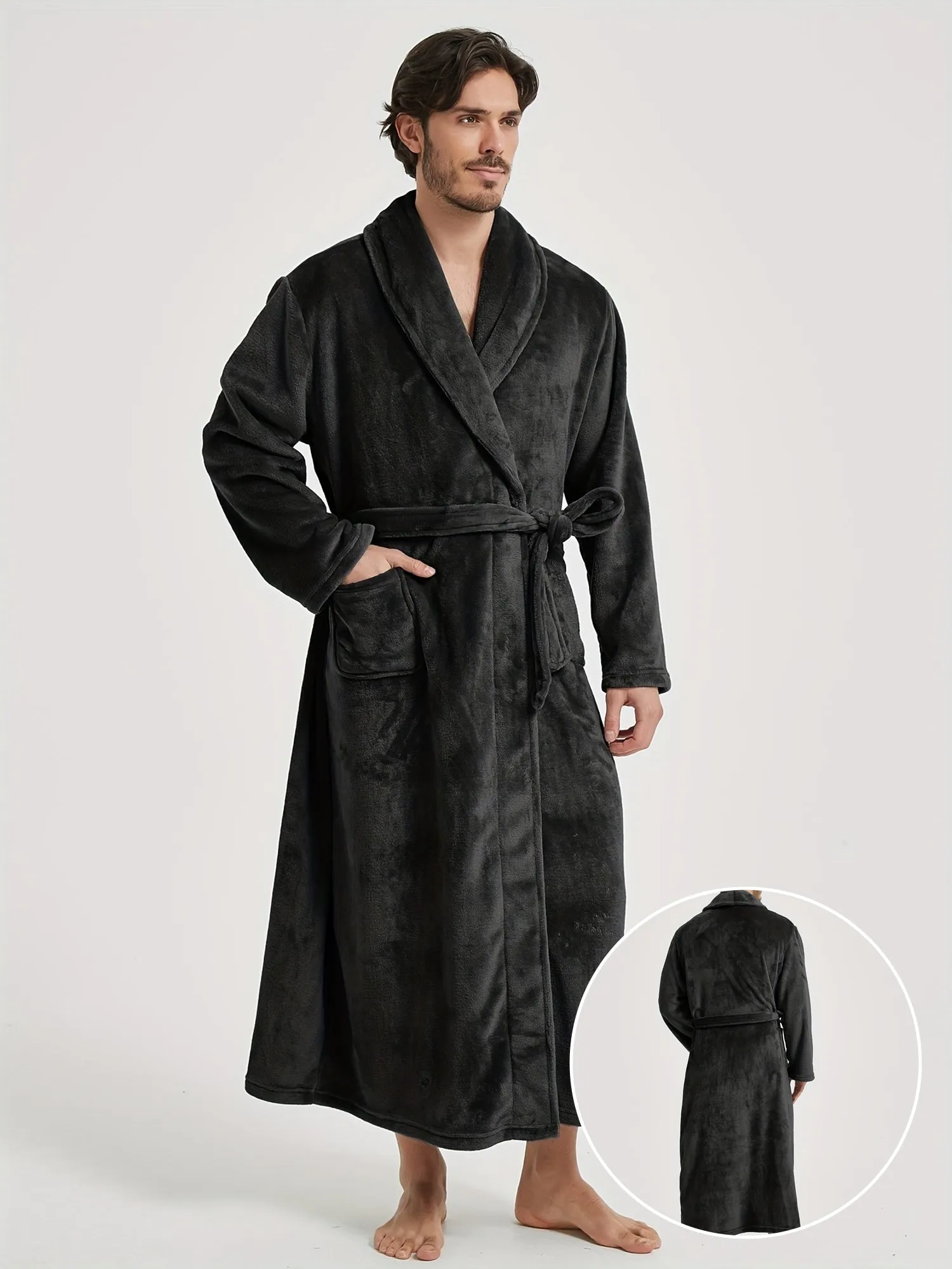 Mens Luxurious Flannel Shawl Collar Satin Kimono Robe - Soft, Comfortable, and Cozy Long Sleeve Sleepwear with Pocket and Belt for Relaxation - Perfect for All Seasons and Spa Home Wear