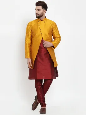 Men's Maroon Kurta With Pyjama & Mustard Self Design Jacket - Benstoke