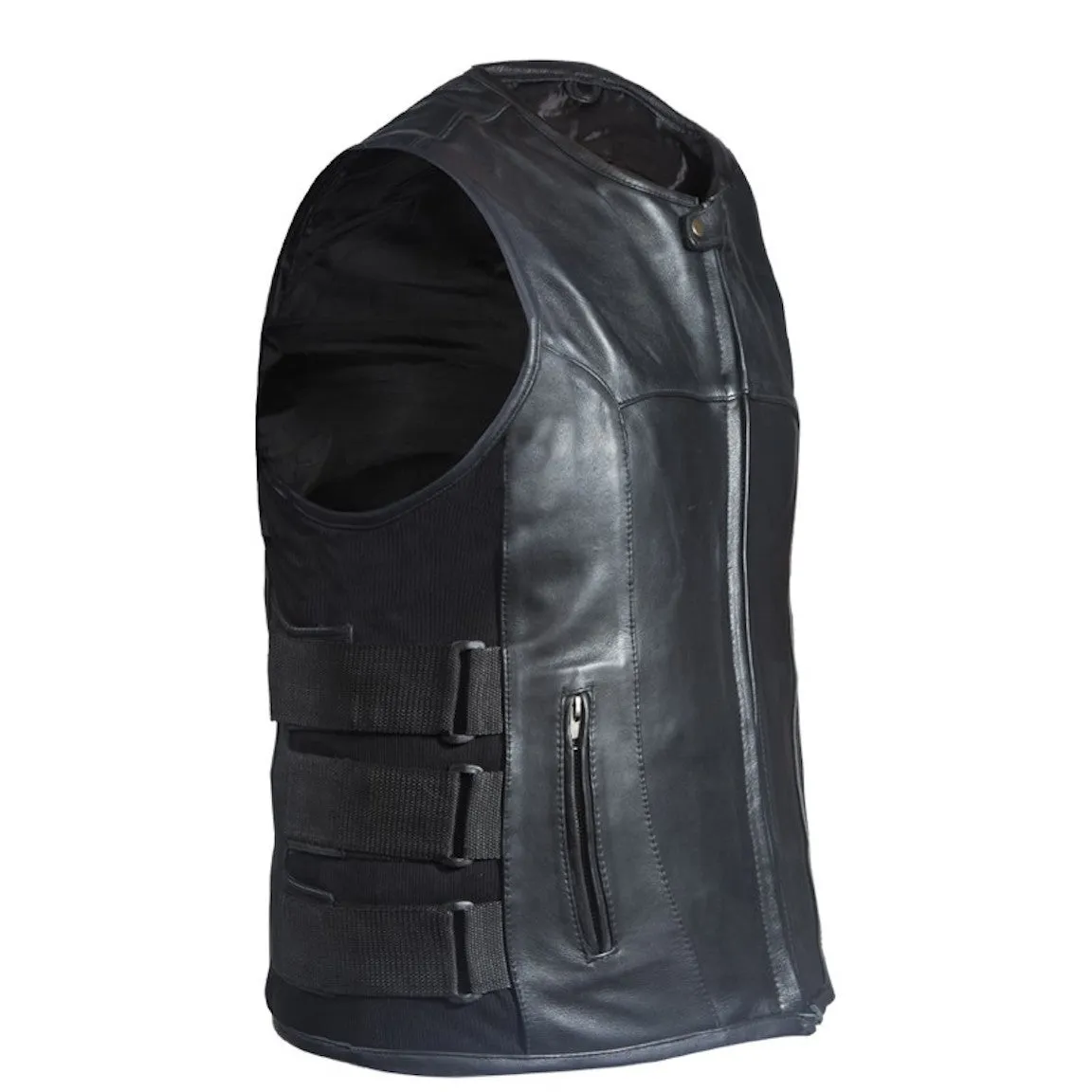 Mens Naked Leather Bullet Proof Style Motorcycle Vest Neoprene Sides Gun Pockets