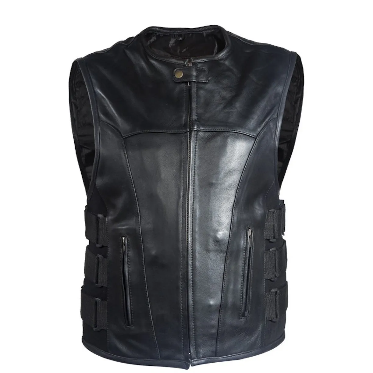 Mens Naked Leather Bullet Proof Style Motorcycle Vest Neoprene Sides Gun Pockets