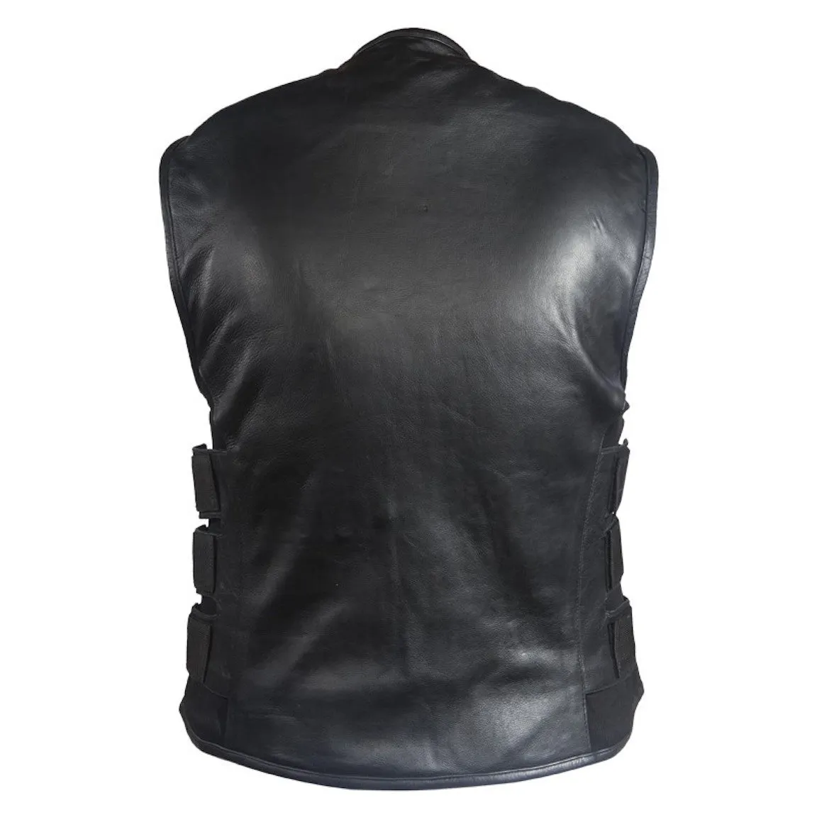 Mens Naked Leather Bullet Proof Style Motorcycle Vest Neoprene Sides Gun Pockets