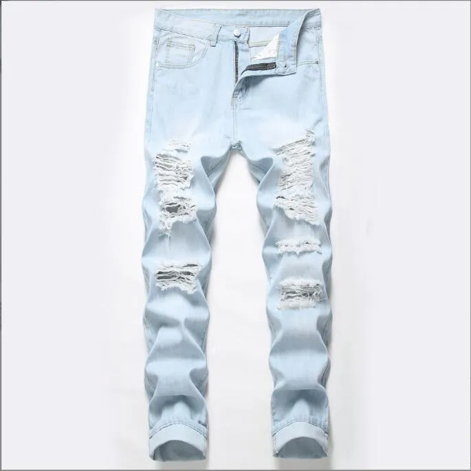 Men's New Motorcycle Jeans Pleated Holes Decorative Denim Pants Men Casual Jeans - MJN0065