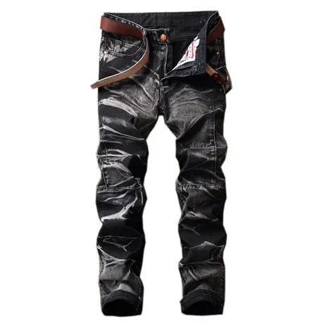 Men's New Motorcycle Jeans Pleated Holes Decorative Denim Pants Men Casual Jeans - MJN0065