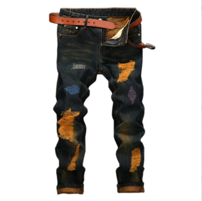 Men's New Motorcycle Jeans Pleated Holes Decorative Denim Pants Men Casual Jeans - MJN0065