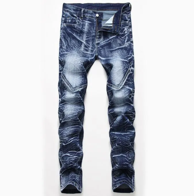 Men's New Motorcycle Jeans Pleated Holes Decorative Denim Pants Men Casual Jeans - MJN0065