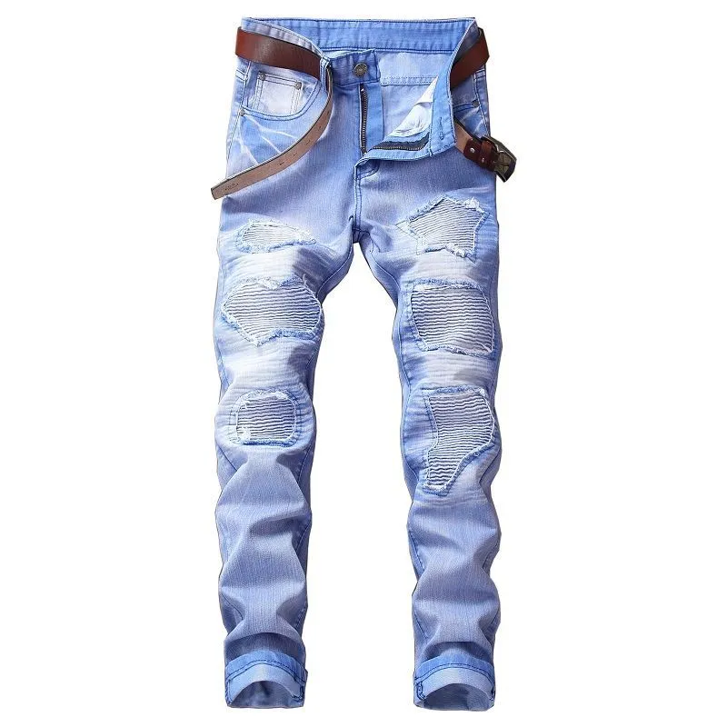 Men's New Motorcycle Jeans Pleated Holes Decorative Denim Pants Men Casual Jeans - MJN0065