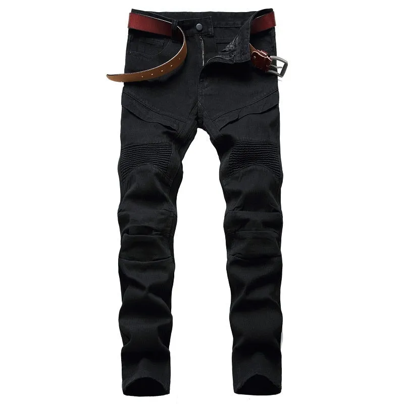 Men's New Motorcycle Jeans Pleated Holes Decorative Denim Pants Men Casual Jeans - MJN0065