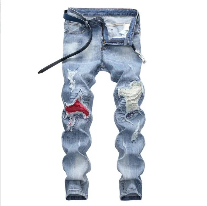 Men's New Motorcycle Jeans Pleated Holes Decorative Denim Pants Men Casual Jeans - MJN0065