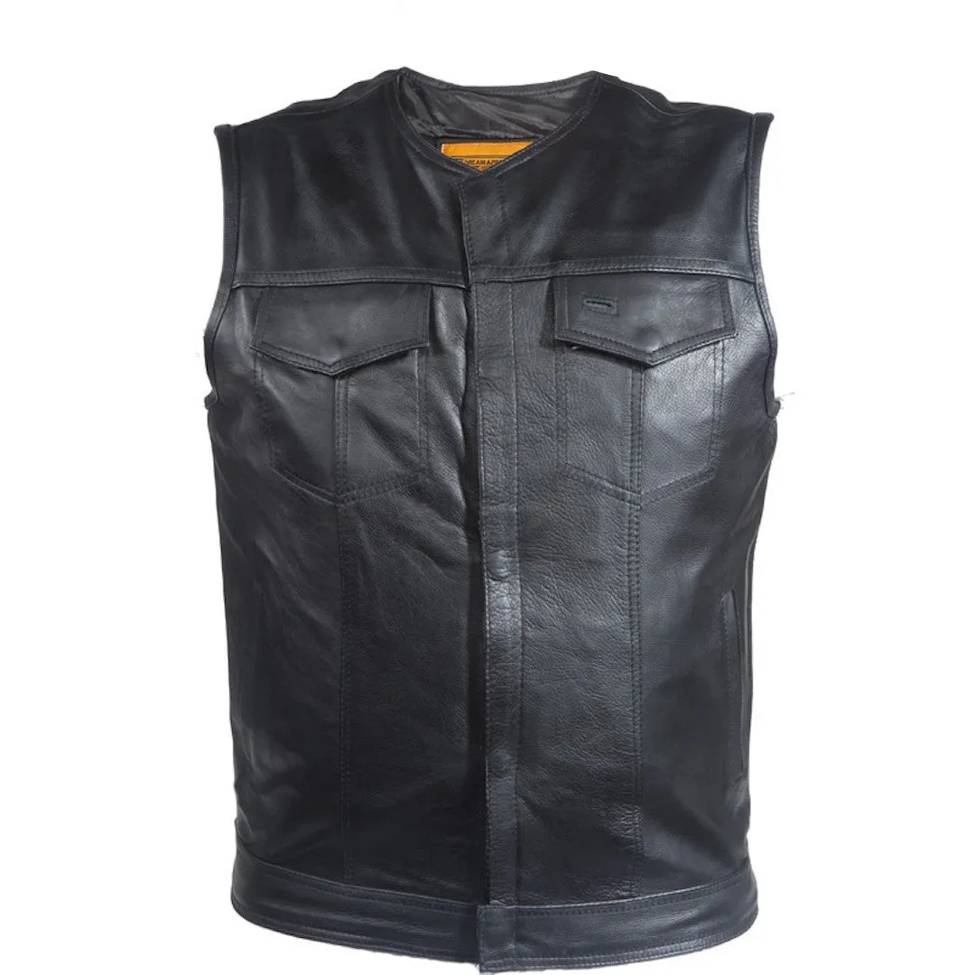 Mens No Collar Split Leather Motorcycle Club Vest With Gun Pockets Solid Back