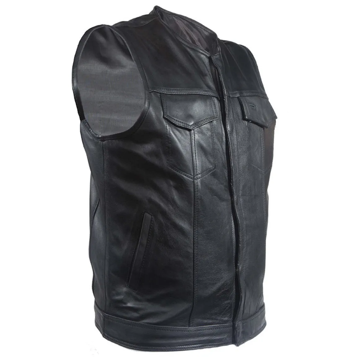 Mens No Collar Split Leather Motorcycle Club Vest With Gun Pockets Solid Back