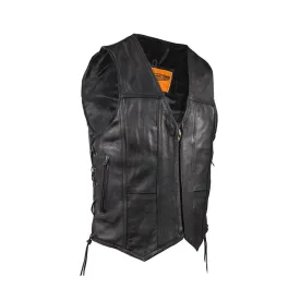 Mens Plain Leather Motorcycle Western Vest With Zipper Front Side Laces