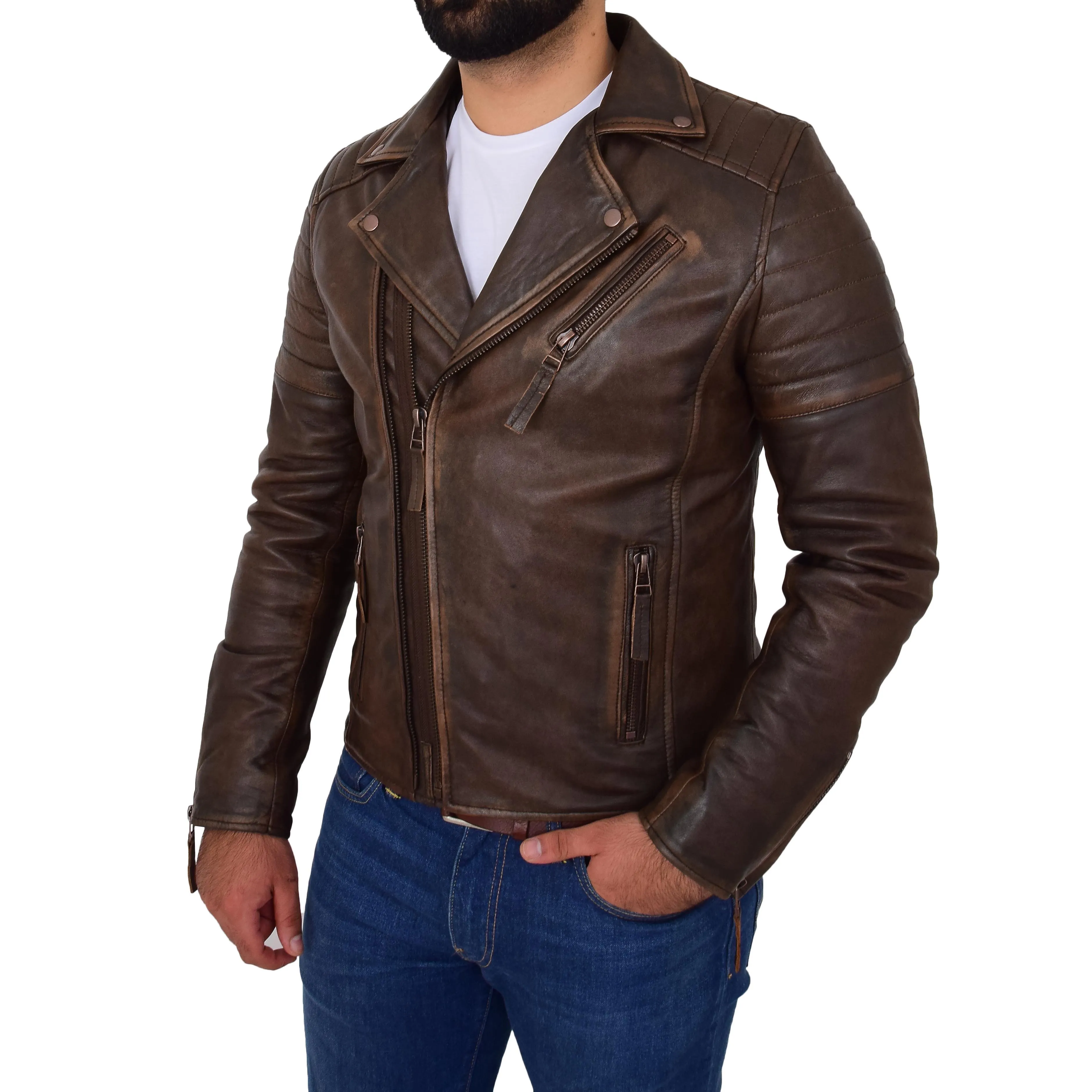 Mens Real Leather Biker Jacket Copper Rub Off Slim Fit Max Rust