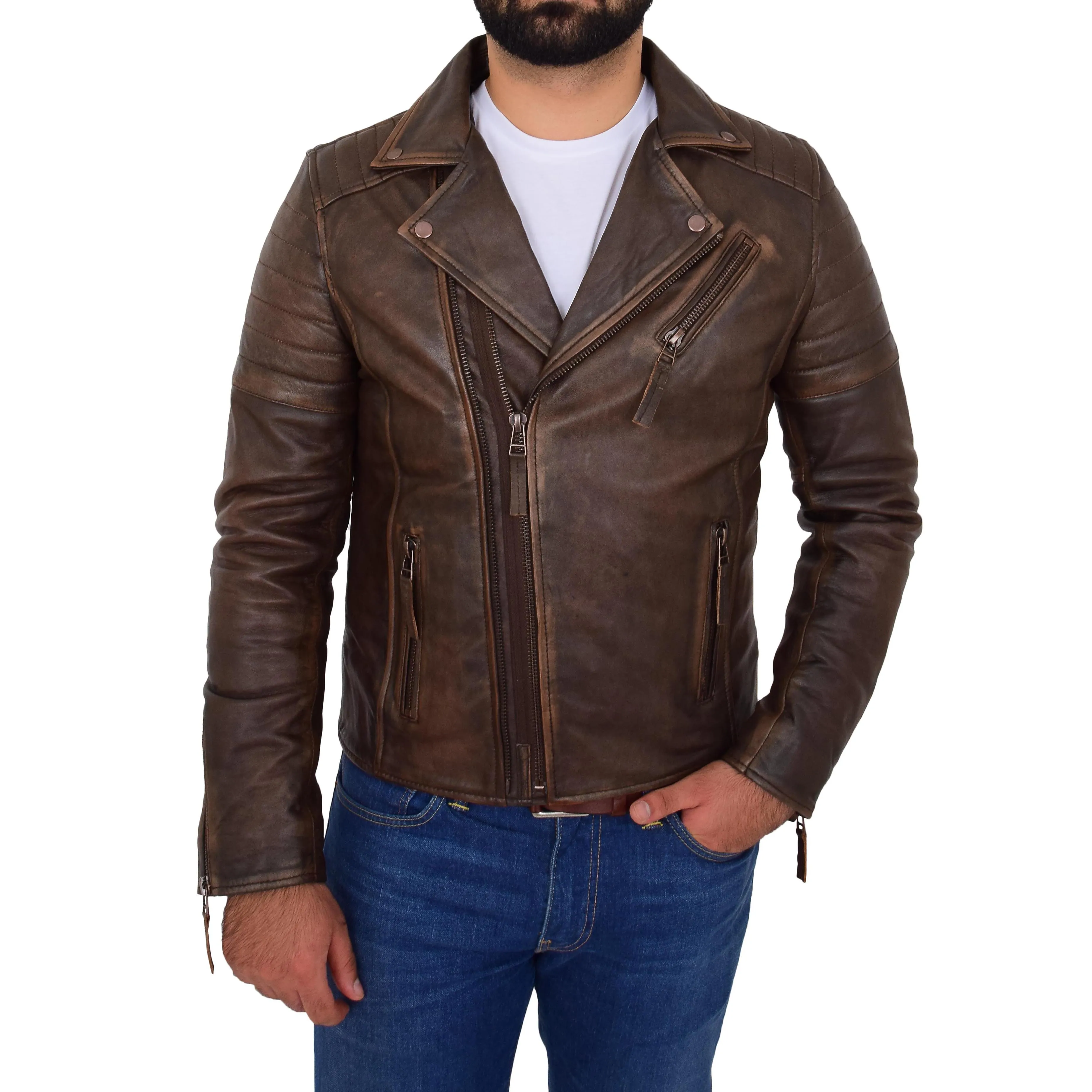 Mens Real Leather Biker Jacket Copper Rub Off Slim Fit Max Rust