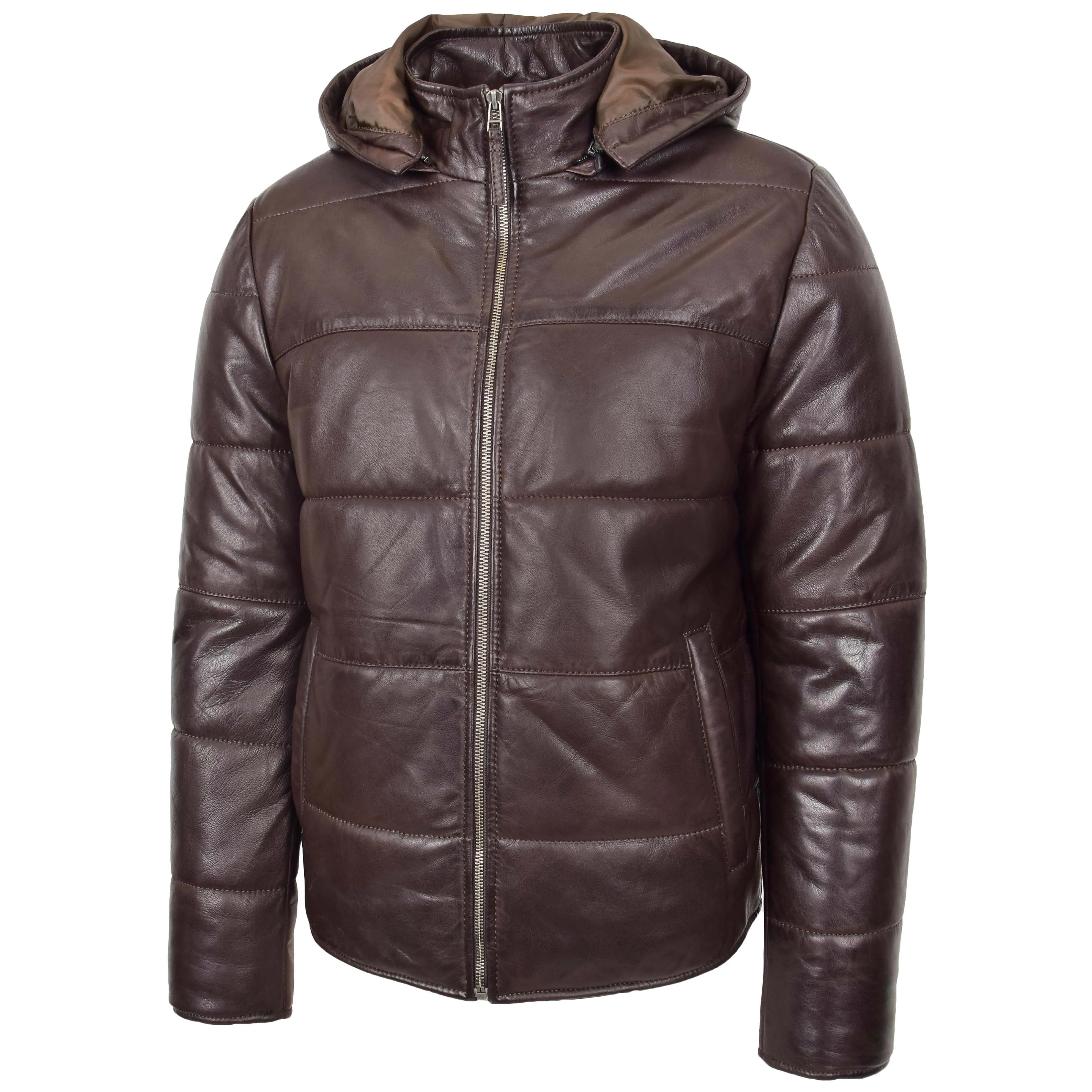 Mens Real Leather Puffer Jacket Fully Padded With Hood DRACO Brown