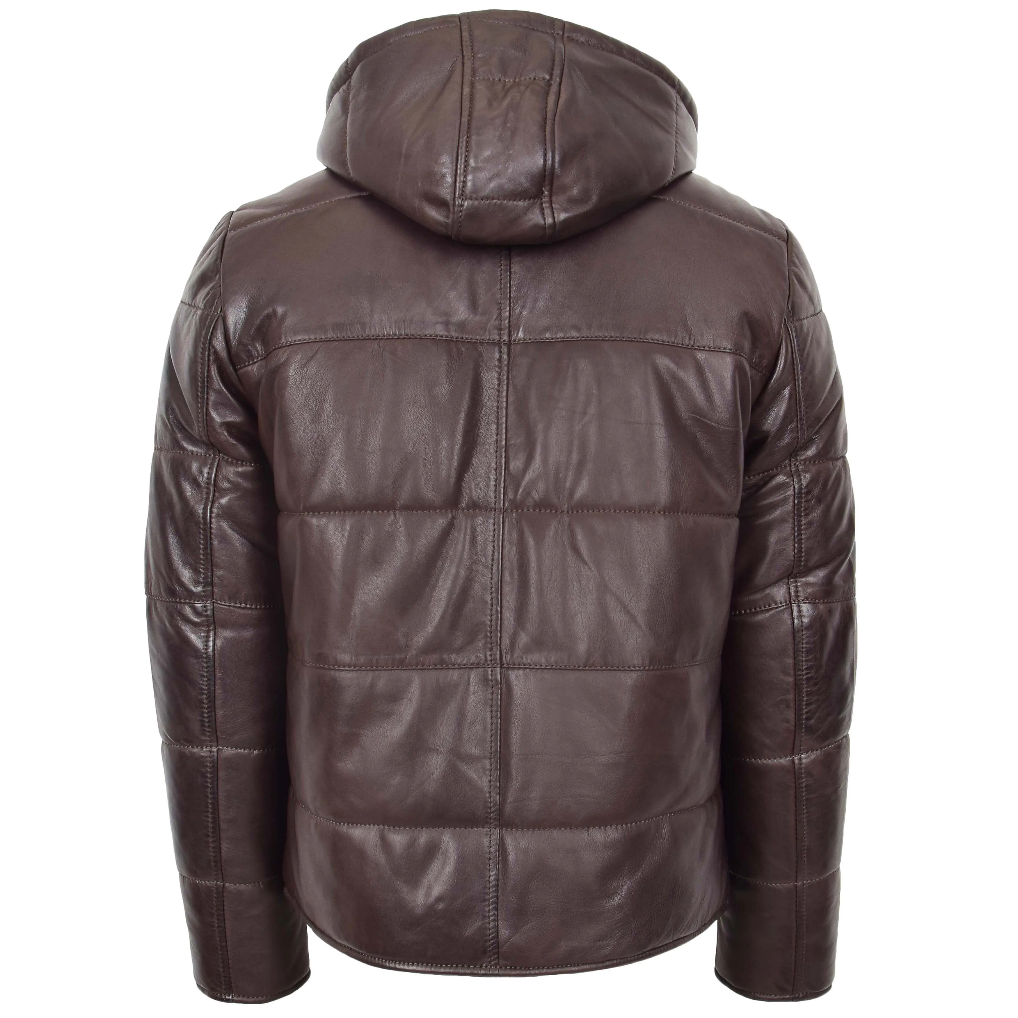 Mens Real Leather Puffer Jacket Fully Padded With Hood DRACO Brown