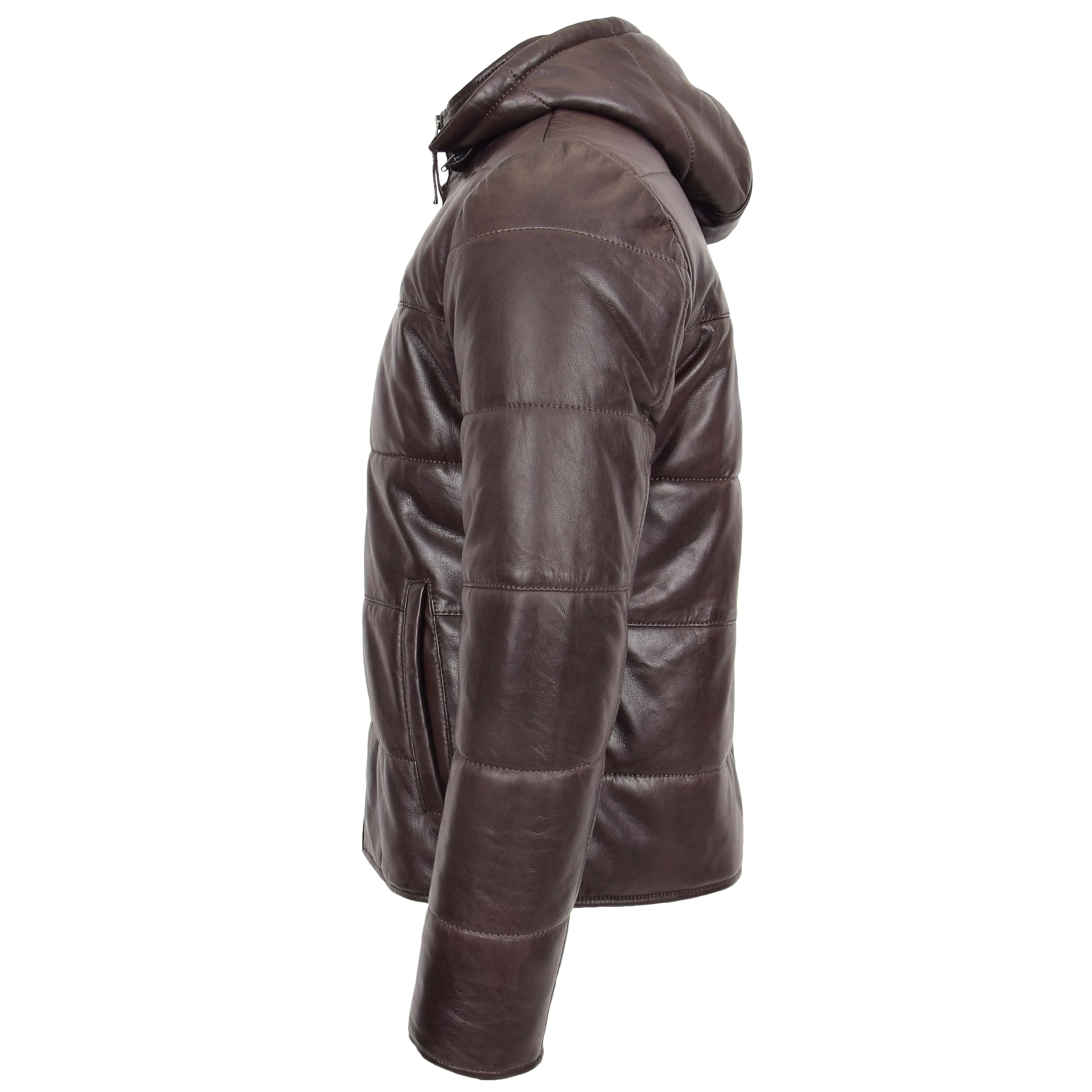 Mens Real Leather Puffer Jacket Fully Padded With Hood DRACO Brown