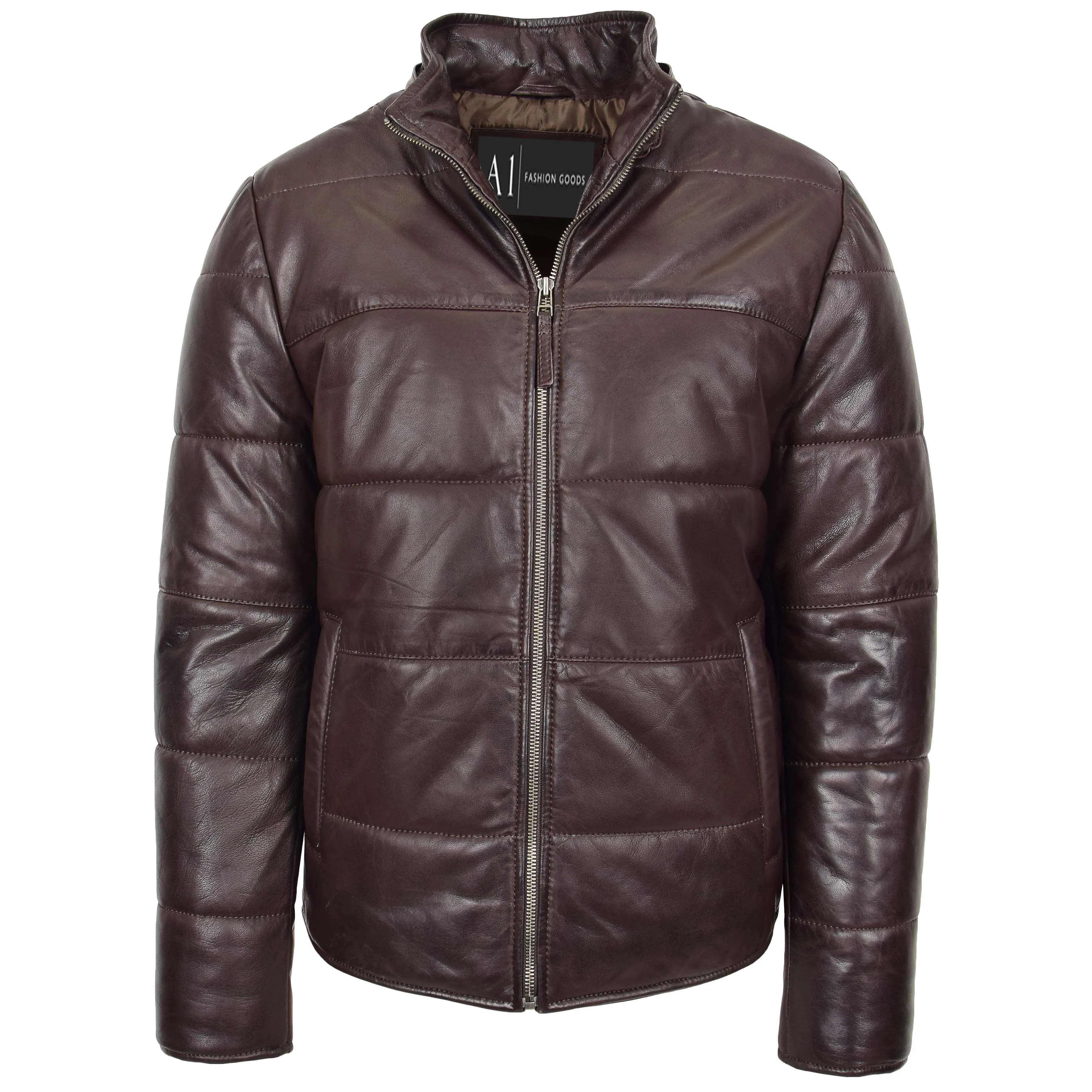 Mens Real Leather Puffer Jacket Fully Padded With Hood DRACO Brown