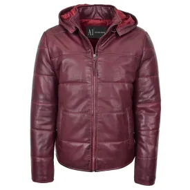 Mens Real Leather Puffer Jacket Fully Padded With Hood DRACO Burgundy