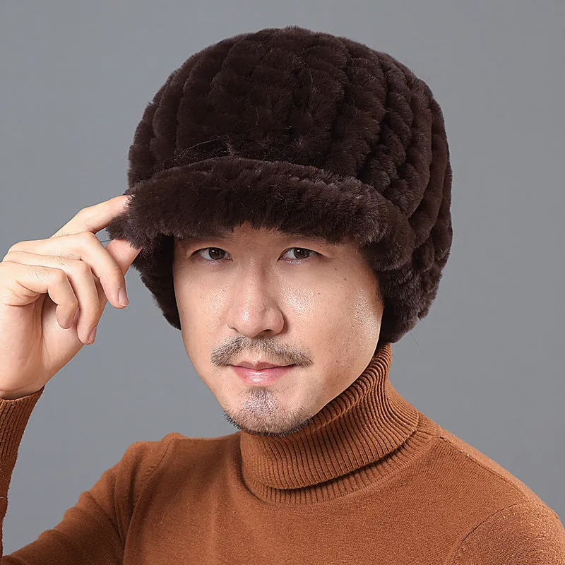 Men's Rex Rabbit Fur Hat Winter Thickened Warm Fur Peaked Cap