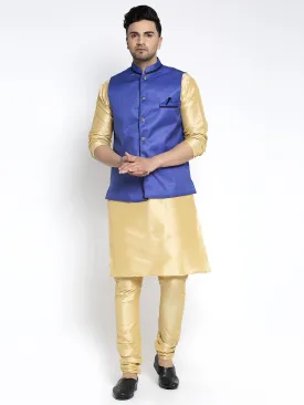 Men's Silk Blend Gold Kurta With Pyjama & Royal Blue Nehru Jacket - Benstoke