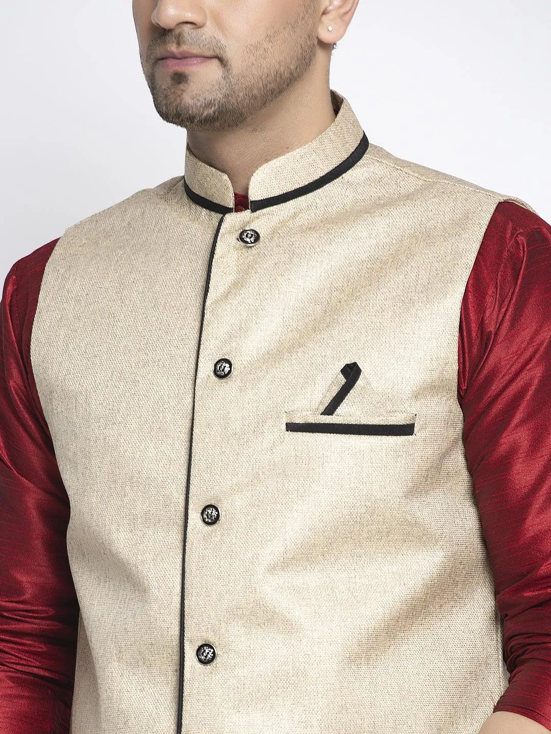 Men's Silk Blend Maroon Kurta With Pyjama & Beige Nehru Jacket - Benstoke