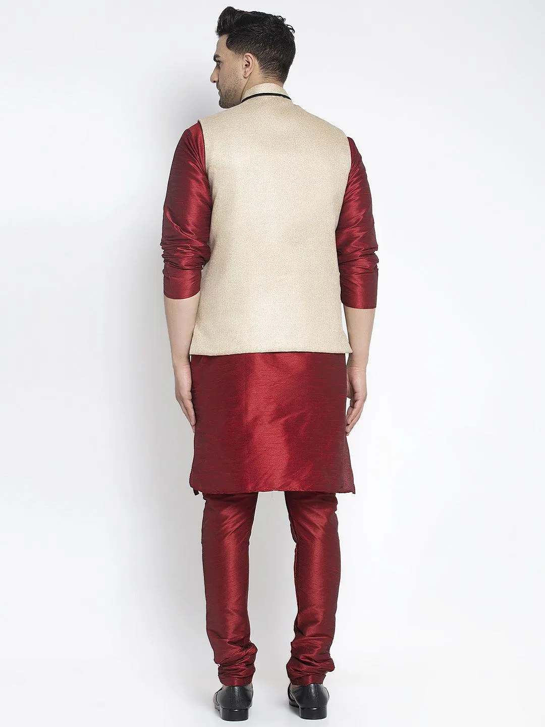 Men's Silk Blend Maroon Kurta With Pyjama & Beige Nehru Jacket - Benstoke