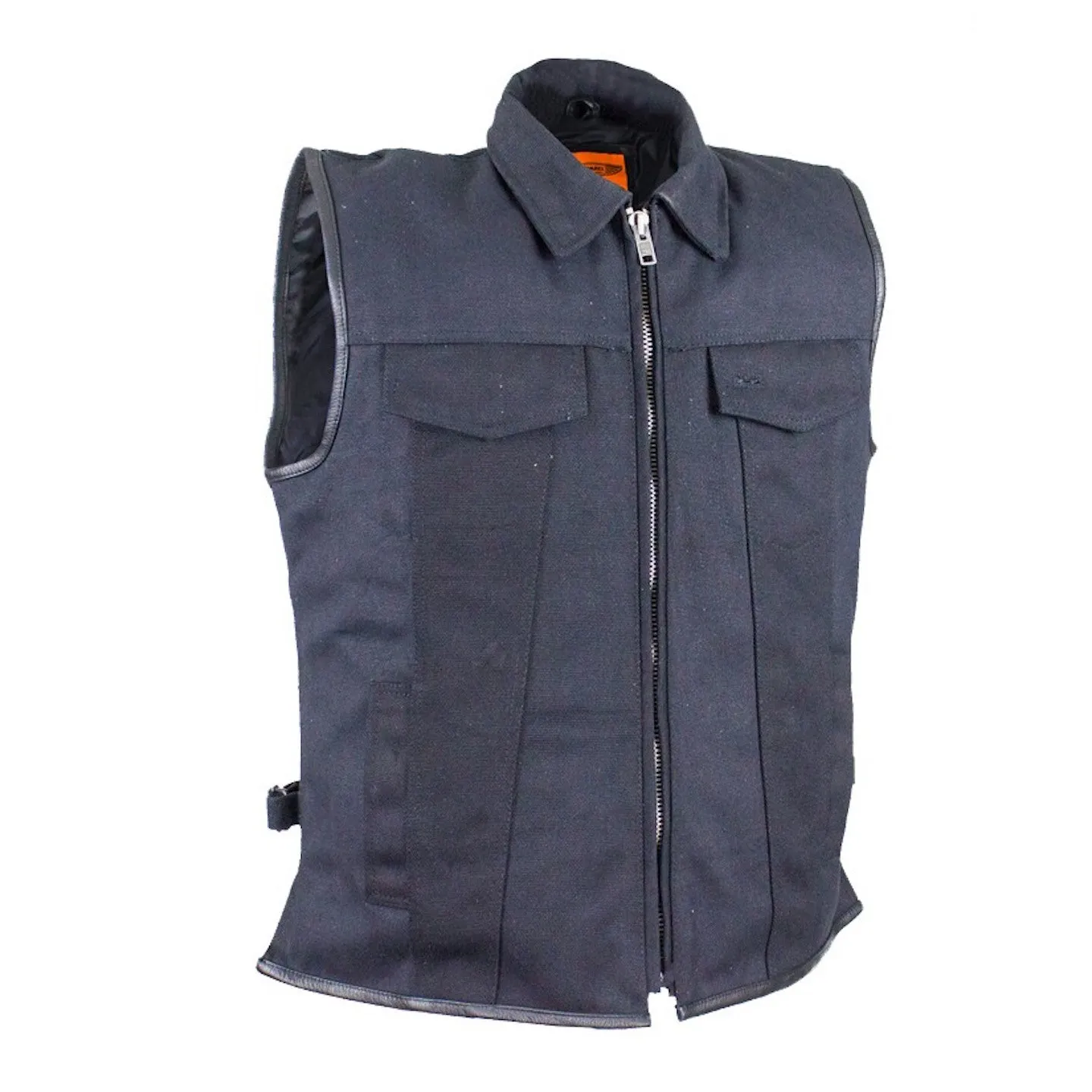 Mens Single Panel Back Black Canvas Motorcycle Vest With Gun Pockets