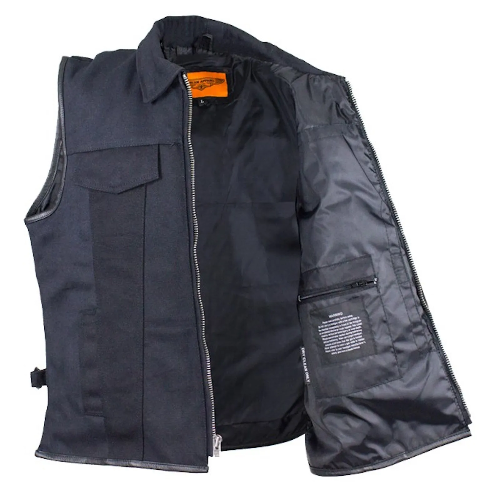 Mens Single Panel Back Black Canvas Motorcycle Vest With Gun Pockets