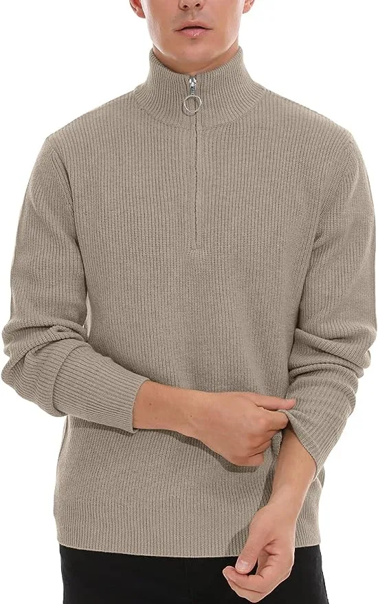 Men's Soft Sweaters Quarter Zip Pullover Classic Ribbed Turtleneck Sweater - Khaki