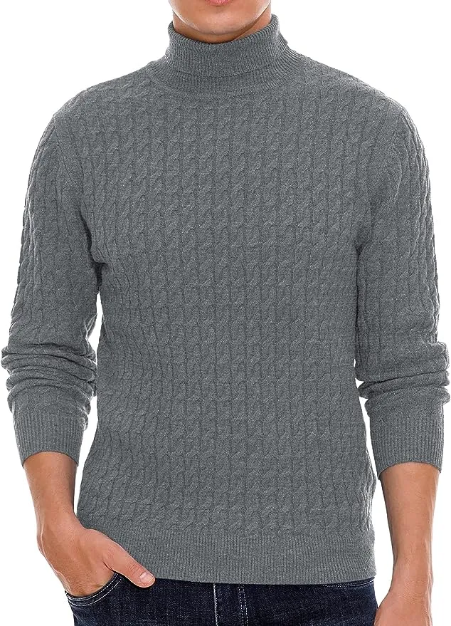 Men's Twisted Knitted Turtleneck Sweater Casual Soft Pullover Sweaters - Grey