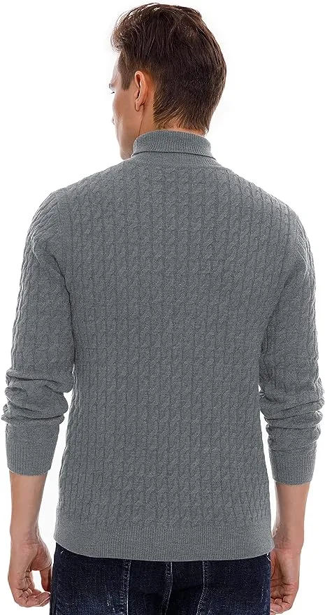 Men's Twisted Knitted Turtleneck Sweater Casual Soft Pullover Sweaters - Grey