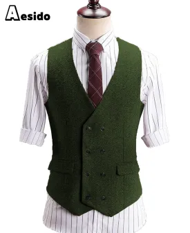 Men's V Lapel Tweed Waistcoat Casual Slim Fit Suit Vest