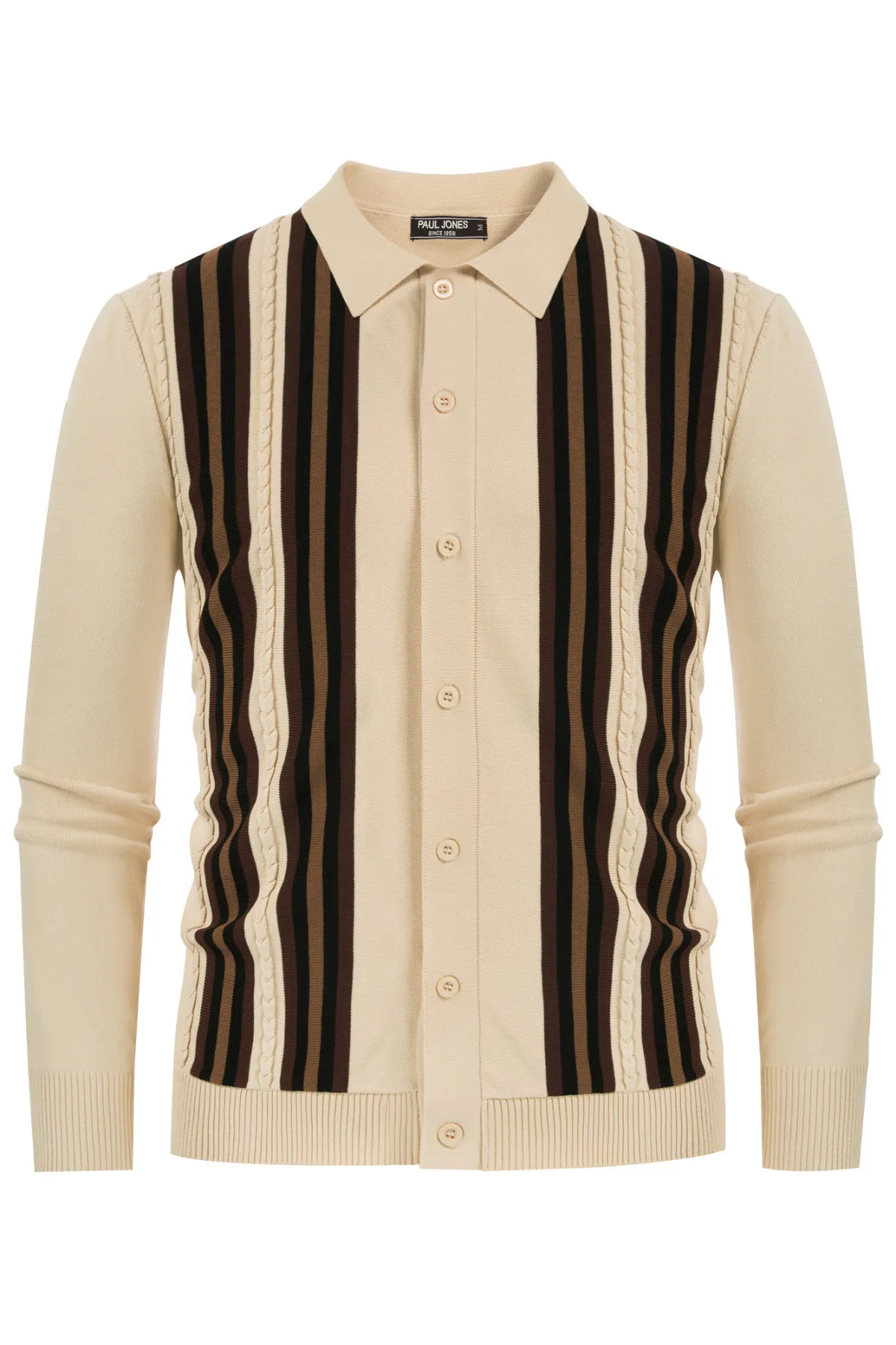 Mens Vintage Striped Knit Polo Shirt Long Sleeve Button Down Cardigan Sweater