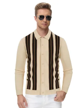 Mens Vintage Striped Knit Polo Shirt Long Sleeve Button Down Cardigan Sweater