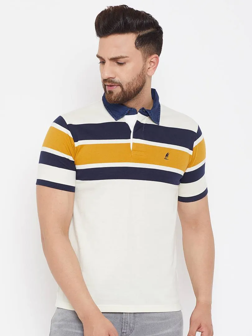 Men's White Cotton Striped Polos