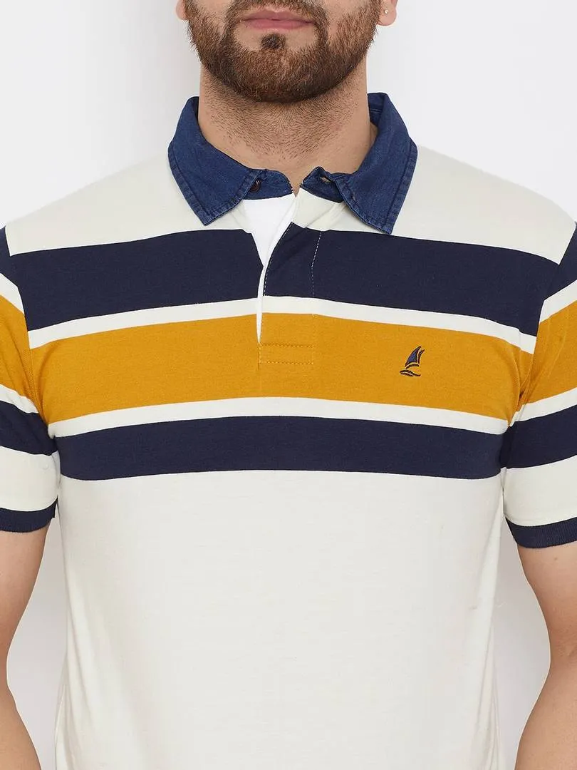 Men's White Cotton Striped Polos