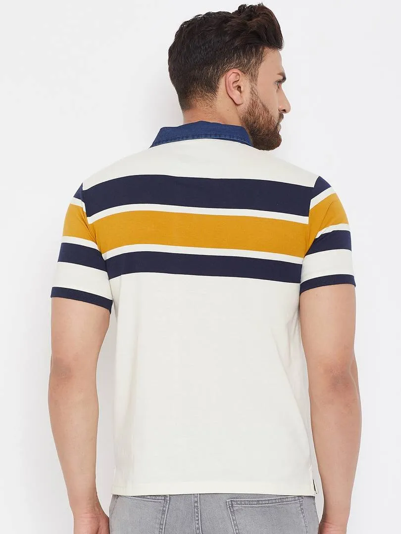 Men's White Cotton Striped Polos