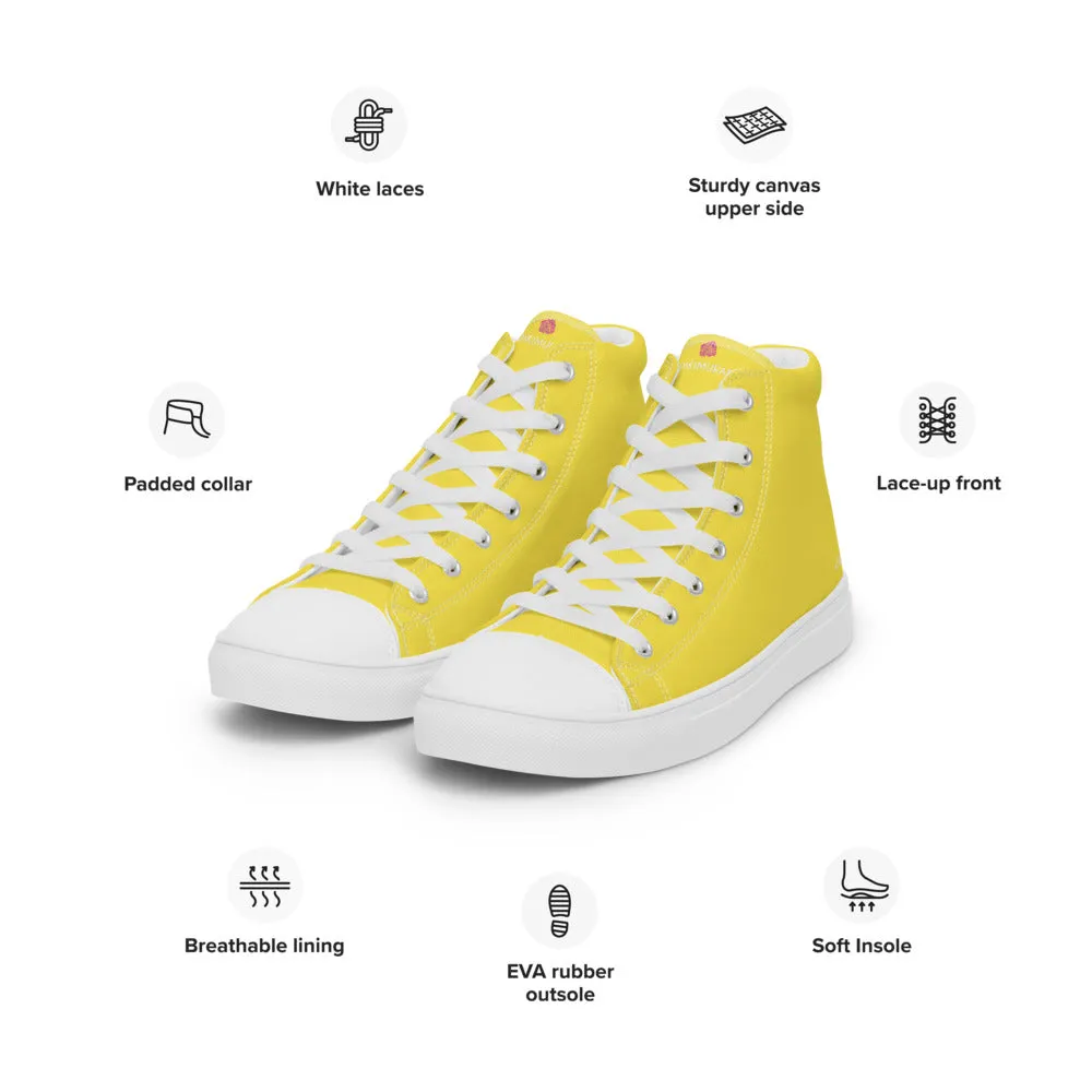 Men's Yellow  High Top Sneakers, Solid Lemon Yellow Color Men’s High Top Canvas Fashion Running Tennis Shoes