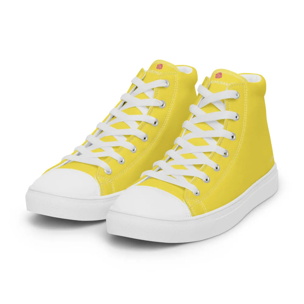 Men's Yellow  High Top Sneakers, Solid Lemon Yellow Color Men’s High Top Canvas Fashion Running Tennis Shoes