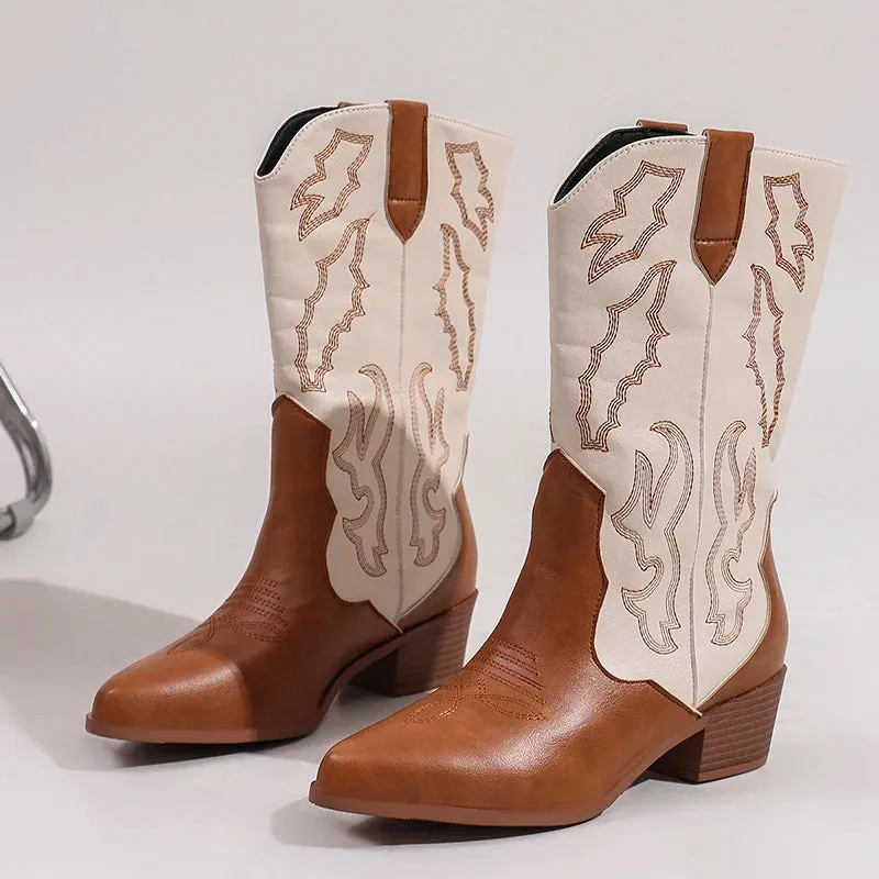 Merendy Milk tea High Chunky Heeled embroidered Mid-calf cowboy boot